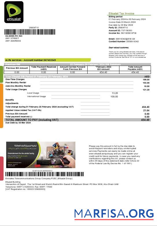 Blank UAE Etisalat business utility bill template in Word and PDF formats